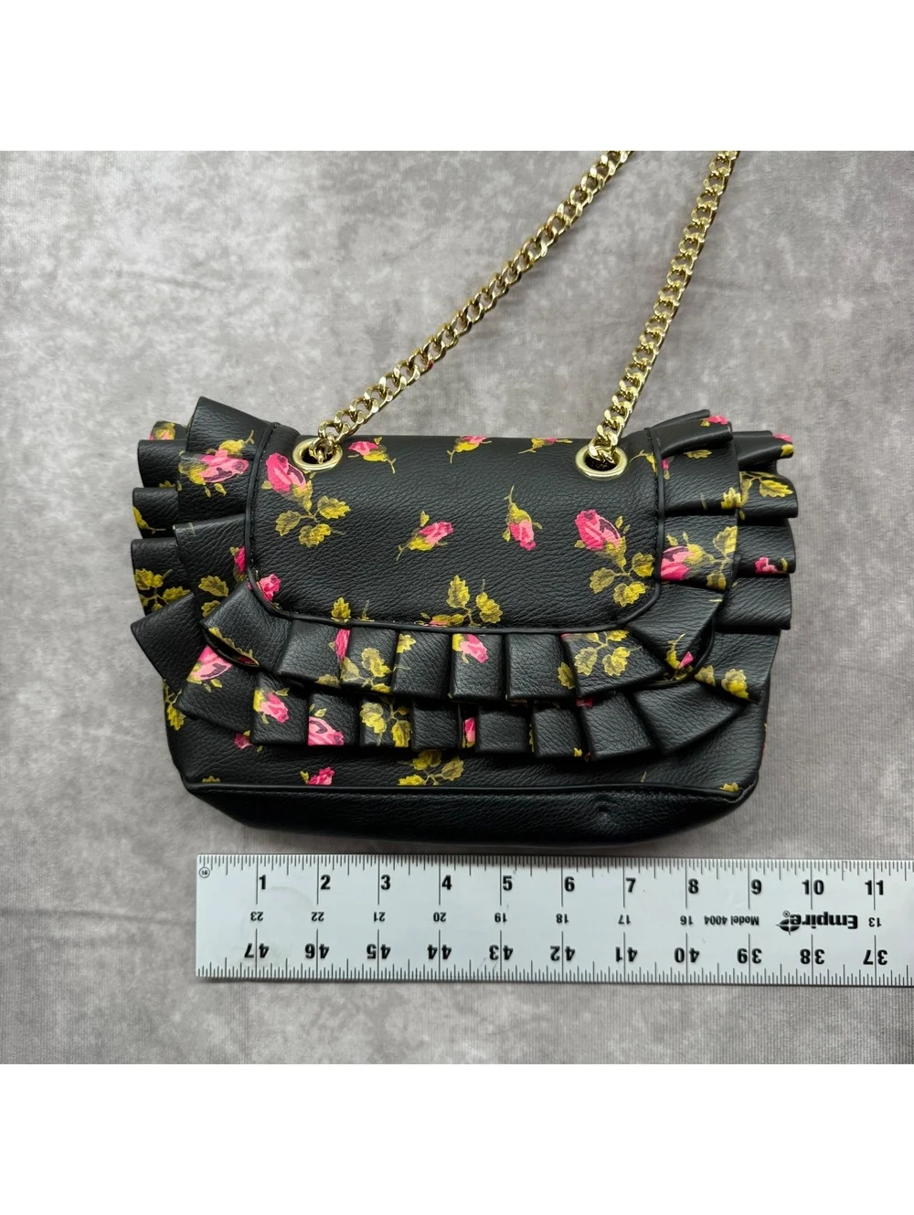 Betsey Johnson Black Floral Rose Print Ruffle Shoulder Bag Chain Crossbody
